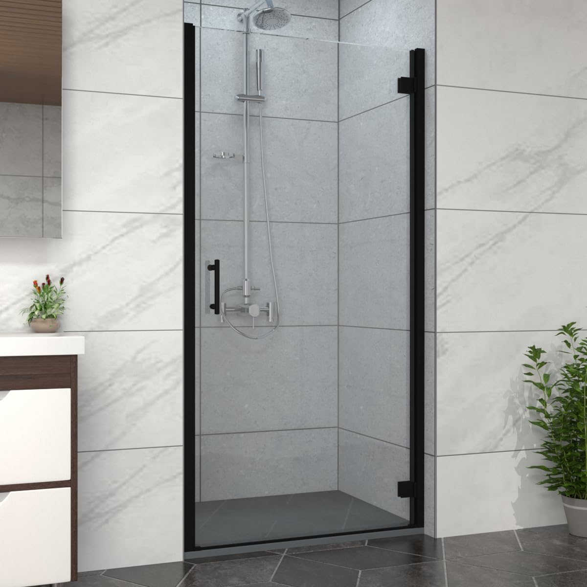 NRG 900mm Matte Black Framed Bathroom Shower Enclosures Hinged Door with 900x700mm SMC Rectangle Anthracite Shower Tray