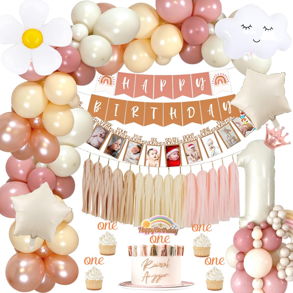 1 Año Decoraciones Cumpleaños Niñas, Globos 1 Cumpleaños Decoracione con 12 Meses Bebé Foto Bunting Banner,Foil 1 Balloon, Tassel, Boho Globo de Rosa Beige para Decoracion Fiesta Cumpleaños (Boho)