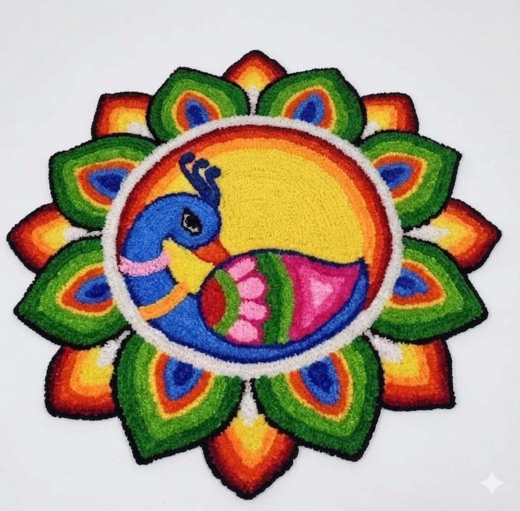 Fur Woolen Decorative Flower Rangoli Mat with Rexine Base | Peacock Design | for Home Entrance Floor, Pooja Room, Temple & Festival Floor Decoration and Backdrop use (2ft x 2ft)-picture-27