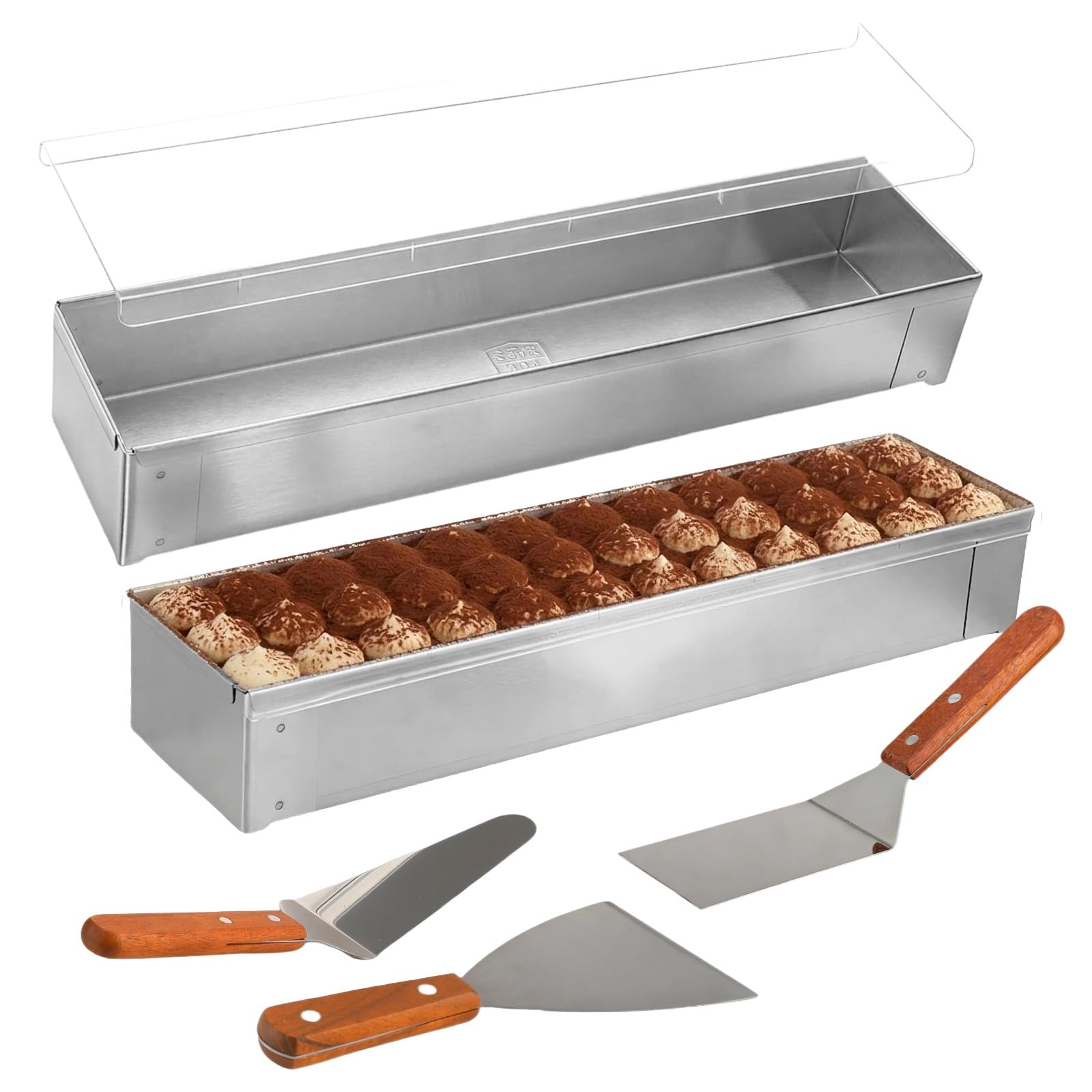 Lot de 2 moules à gâteau tiramisu avec couvercles en acrylique et 3 spatules à manche en bois, en acier inoxydable antiadhésif, 15,9 x 3,9 x 2,6 in pour tiramisu, cheesecake, mousse, lasagne