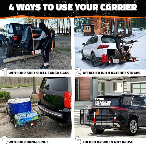 Image of Mockins 60 inchx24 inchx6 inch XL Heavy Duty Trailer Hitch Cargo Carrier | 500 Lbs Cap Folding Luggage Rack for SUV Car & Truck | All-Weather Steel Hitch Rack Cargo Carrier w /License Plate Bracket & Accessories