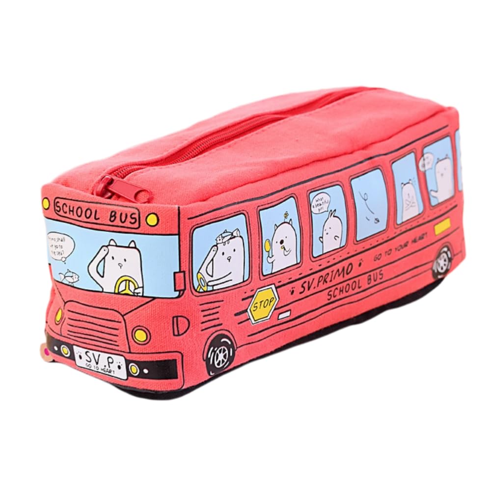 FEIFEI'S BOW Cartoon Bus Shaped Pencil Case Canvas Pen Pouches Pencil Bag Zippered Big Capacity Pen Case Stationeries Organiser for Kid and Student (Red Bus)