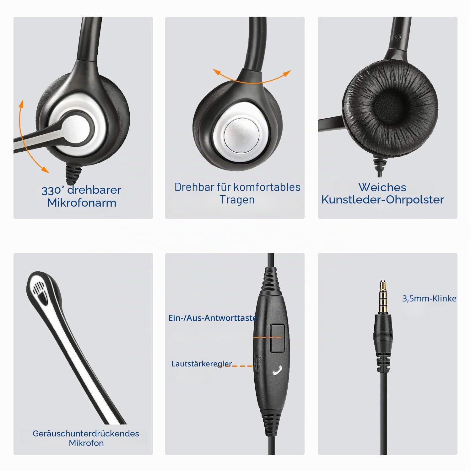 Wantek Telefon Headset 3,5mm Klinke, Laptop Kopfhörer mit Mikrofon Geräuschunterdrückung, Kabelgebundenes PC Headset Klinkenstecker für iPhone Computer Call Center Office, Klar Chat, Hoher Komfort