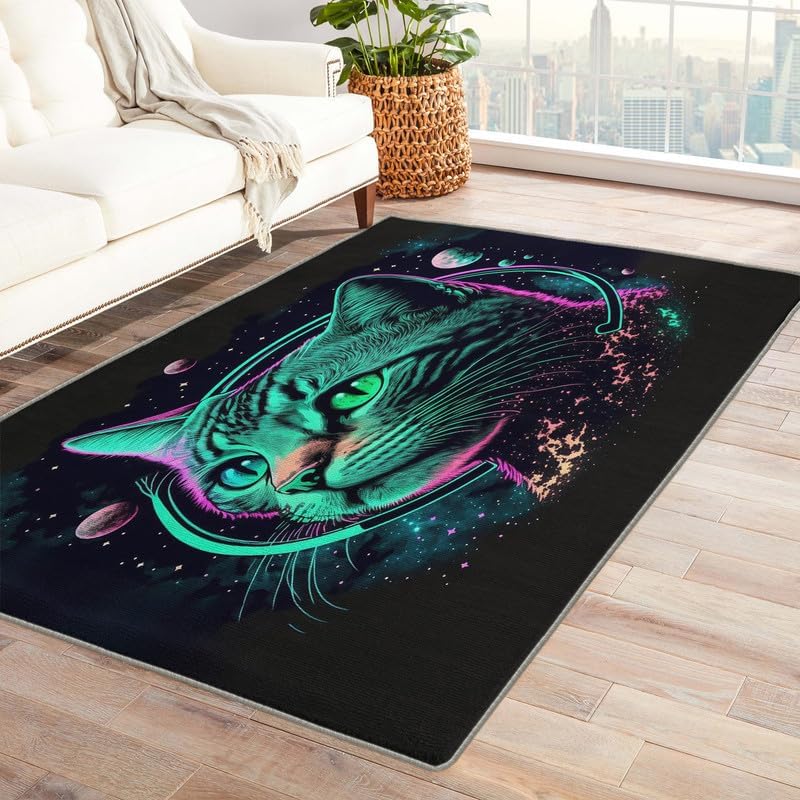 Cat Rugs for Bedroom Living Room 4x8, Space Celestial Washable Non-Slip Soft Low Pile Area Rug, Dorm Dining Room Nursery Carpet, Indoor Floor Rug
