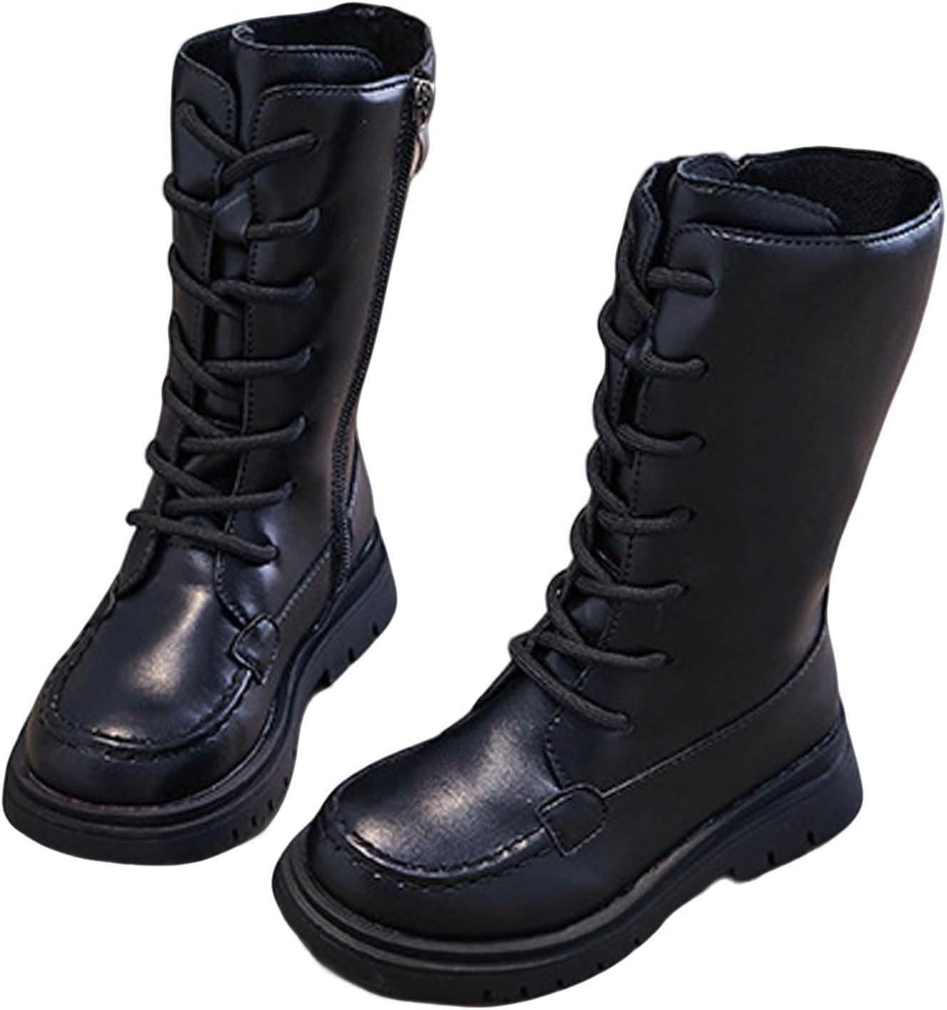 Girls Lace Up Boots-Faux Leather Calf Boots-Waterproof Walking Shoes Kids,Side Zipper,No-Slip Platform,Autumn Winter,Riding Shoes for 4-11 Years