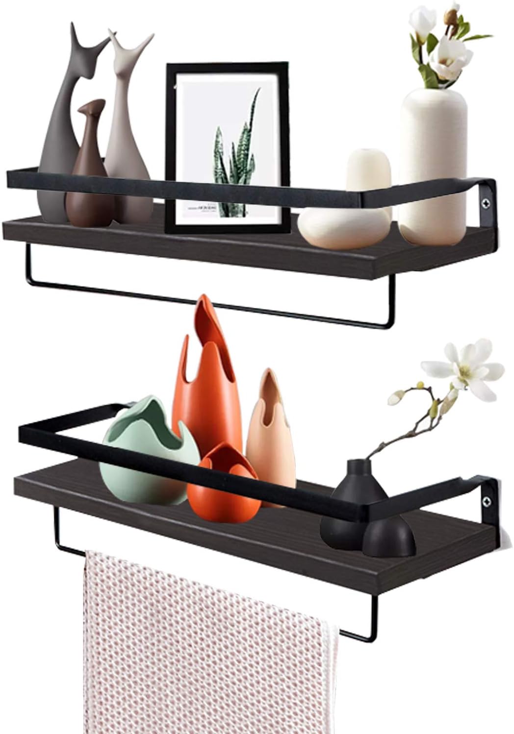 homyfort Floating Bathroom Shelves with Rails Set of 2, Rustic Wood Wall Mounted Storage Shelves with 2 Removable Towel Holder for Kitchen and Bedroom (Midnight)
