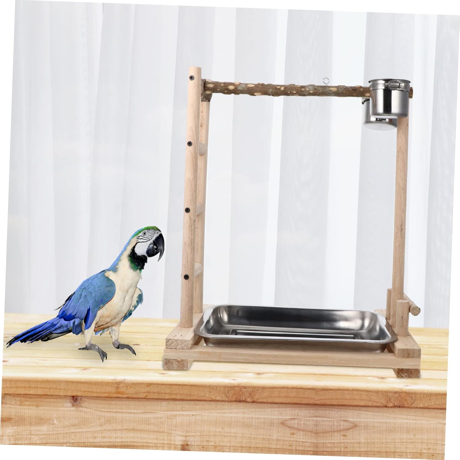 POPETPOP Stainless Steel Bird Feeder Ladder Parrot Playground Feeding Rack Sturdy PET Bird Stand for Parrots Easy to Clean Includes Removable Tray