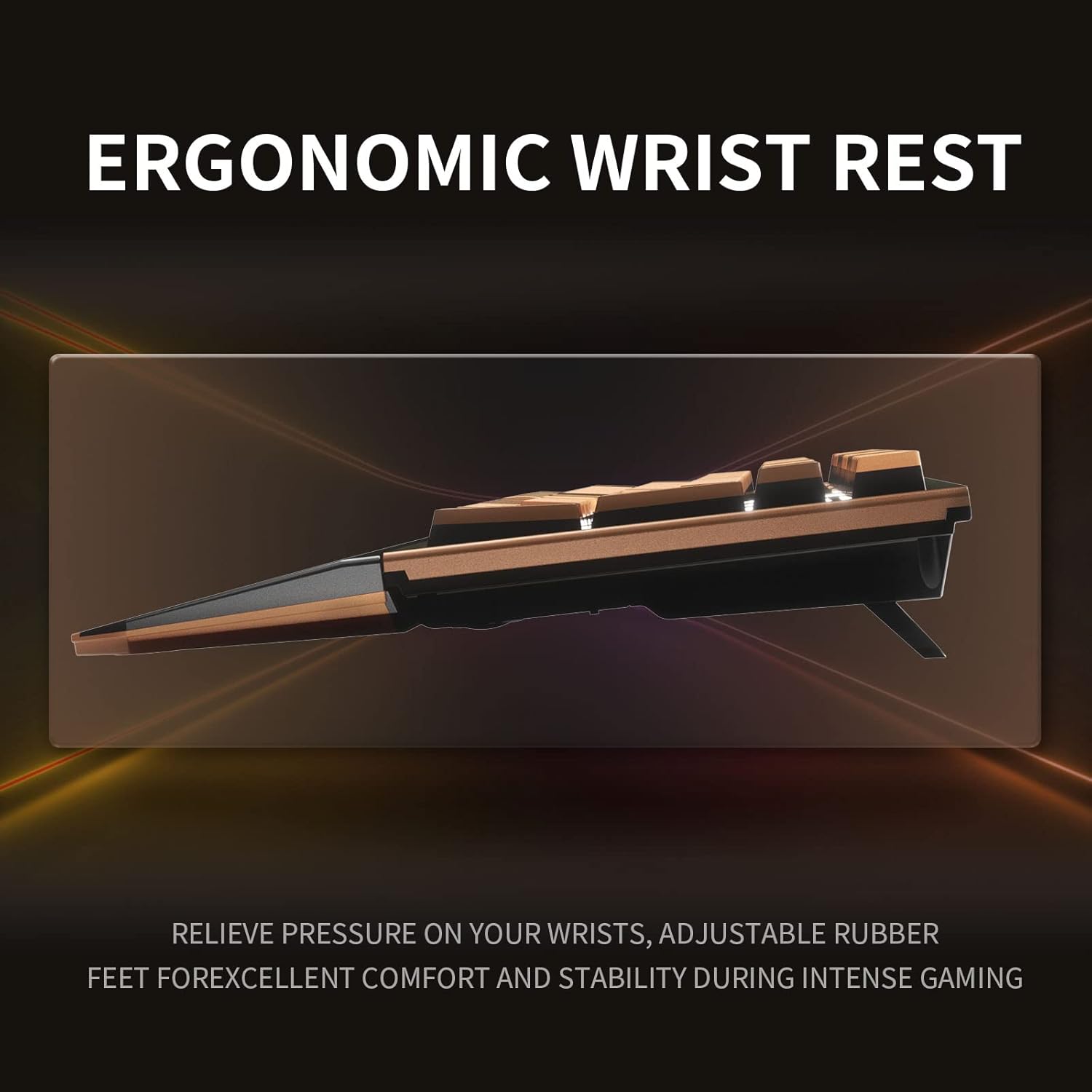 Diagram illustrating the ergonomic design of the Hexgears X5 keyboard with its wrist rest.