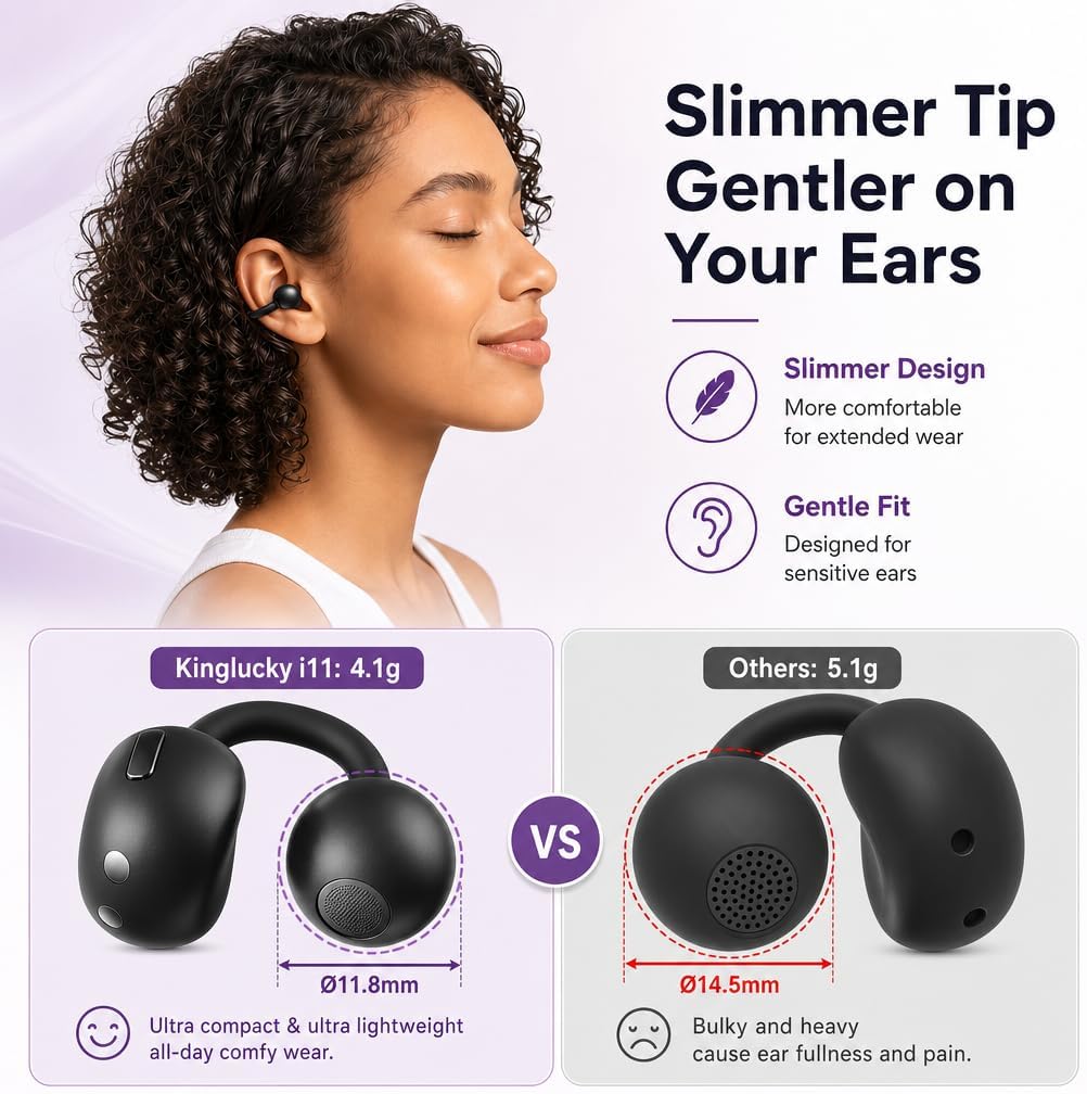 Kinglucky Upgrade Clip On Earbuds for Small Ears, Slim & Comfort Open Ear Earbuds for Sports Running Workout, 4.1g Lightweight, ENC Clear Calls, IPX6 Waterproof, Bluetooth 6.0, 50H Playtime