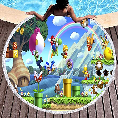 AMZJIEFU Toalla de Playa Redonda Super Mario con Flecos Toalla de Viaje de Verano para nios Microfibra Estera de Picnic de Yoga Toalla de bao para Adultos