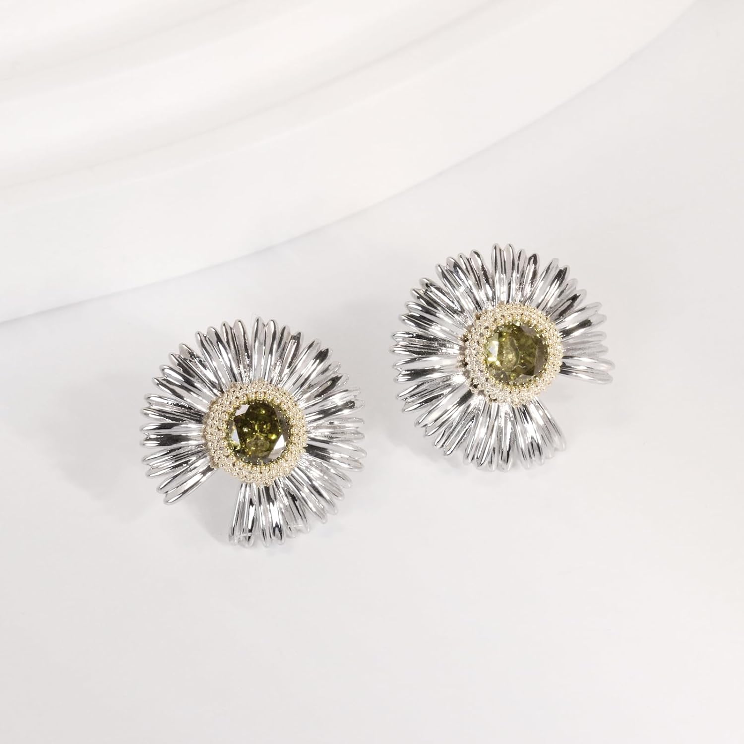 Olive Green Cubic Zirconia Stud Earrings for Women, Delicate Floral Daisy Flower Earrings in Sterling Silver, Hypoallergenic Gift for Her, Nature-Inspired Jewelry for Daily Wear - Image 5