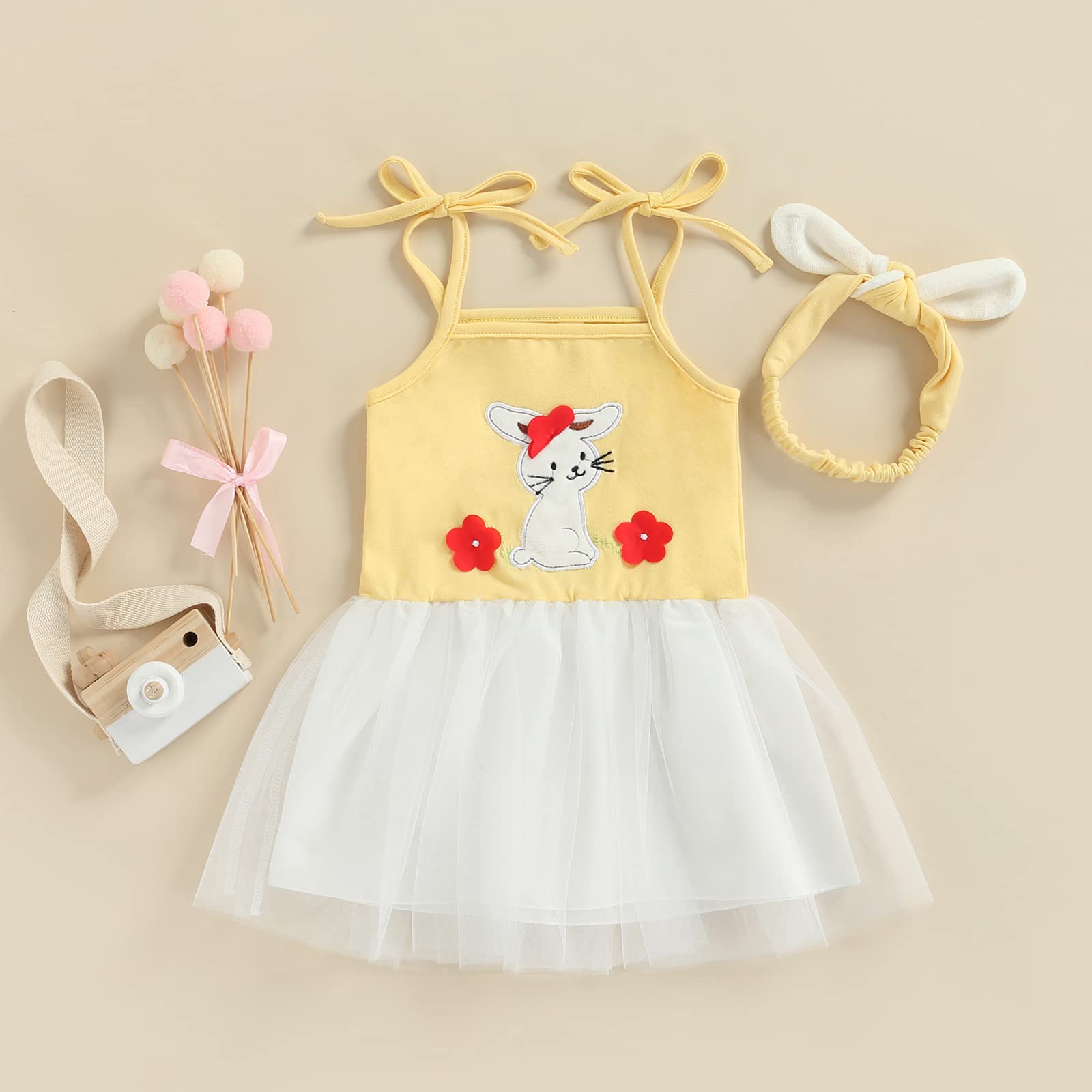 Toddler Baby Girl Easter Outfit Sleeveless Bunny Print Strap Tulle Tutu Dress Headband 2Pcs Clothes Set (9-12 Months,Yellow)
