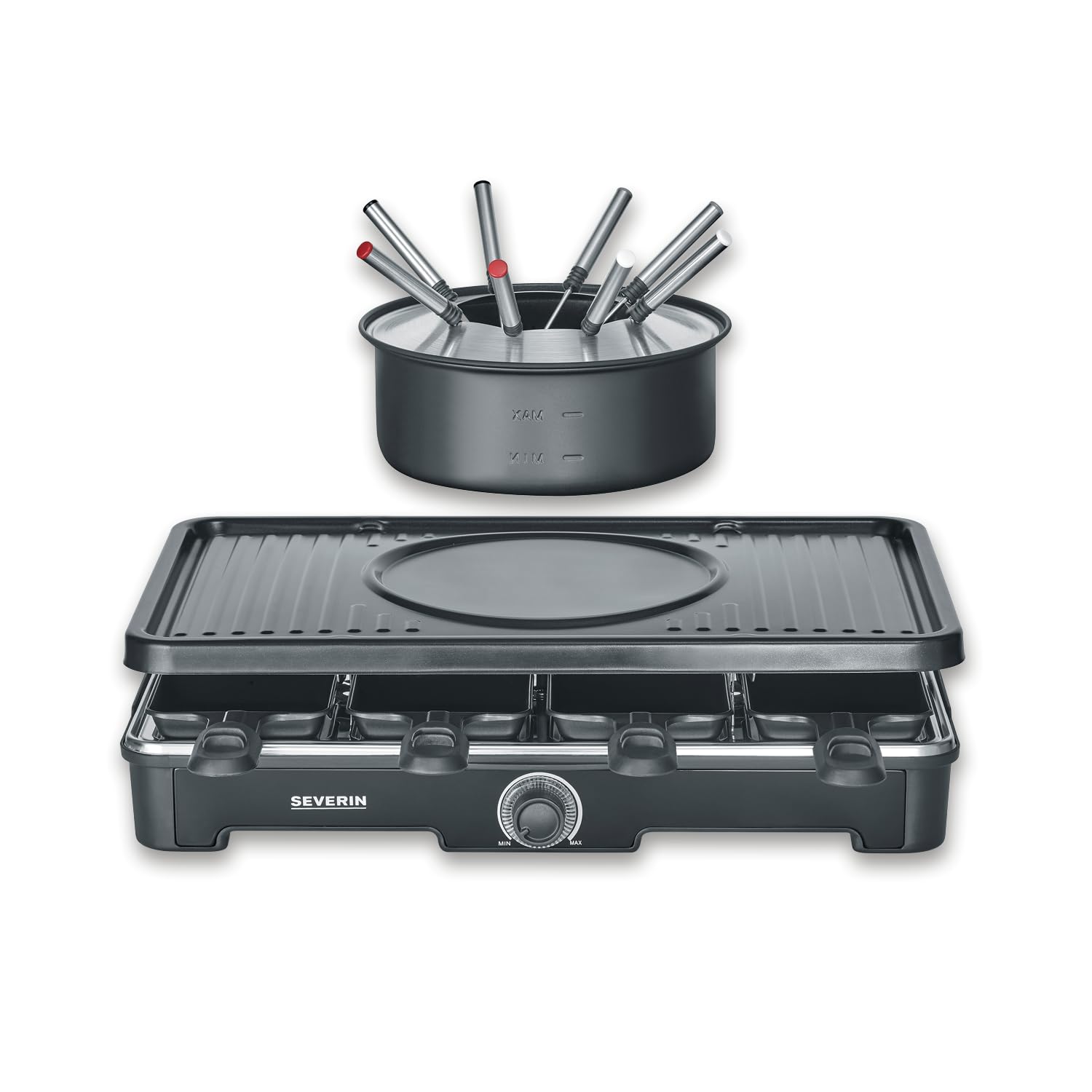 SEVERIN Raclette Grill e Fonduta 2in1, 1400W, 8 Padelline, 8 Spatole e 8 Forchette, Piastra Ceramica, Temperatura Regolabile, Cavo Lungo 195 cm, 42,0 x 28,0 x 12,0 cm, Nero - RG 2347