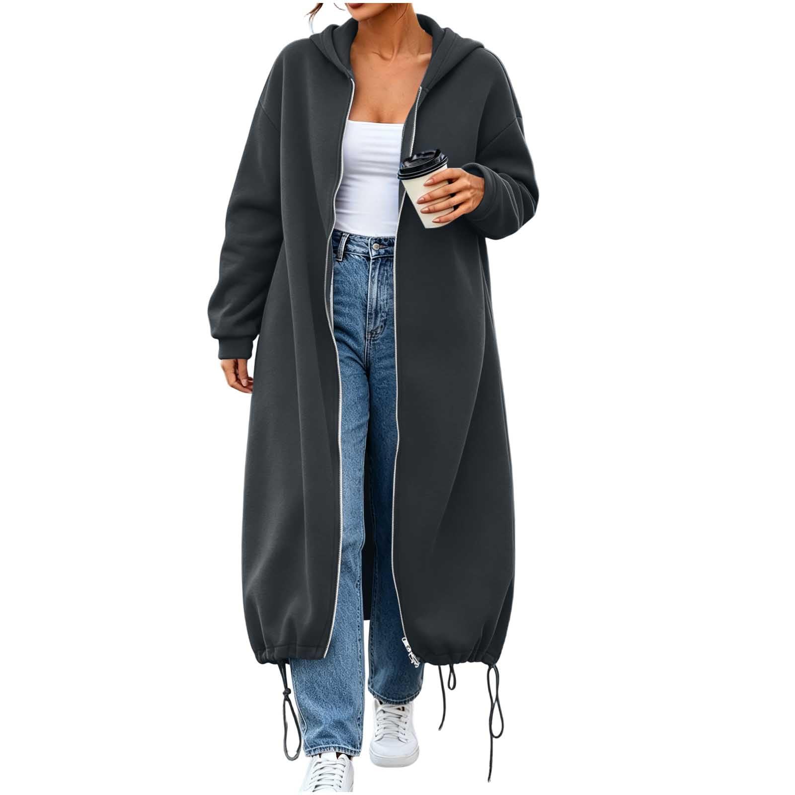 LUCKME Chaqueta Larga Mujer,Sudaderas Mujer Manga Larga con Capucha y Cremallera Color Sólido Casual Abrigo Deportivo Holgada con Bolsillos Suelto Cómodo Sudadera Informal Ropa Otoño Invierno