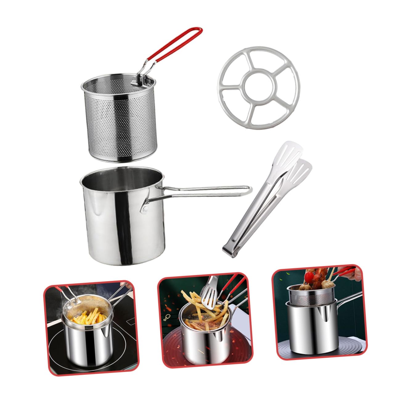 Alipis Frittiertopf Inklusive Zange und Herd Ring aus Edelstahl Silber mit Frittierkorb und Ergonomischem Griff Geeignet zum Frittieren von Fleisch und Pommes für Babyernährung