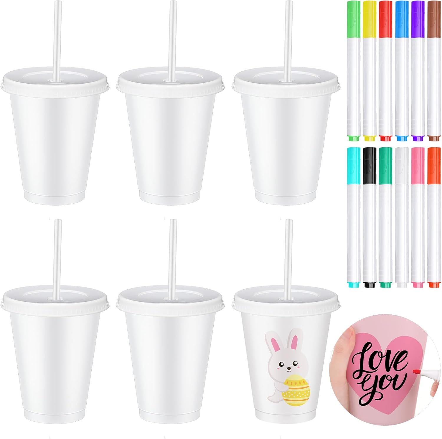 6 Pcs Paint Your Own Cups with 12 Color Pen DIY Kit Color Your Own Mug Paintable Plastic Cups with Lids and Straws Design Your Own Mug Personalized Tumblers DIY Cups for Adults(16oz)