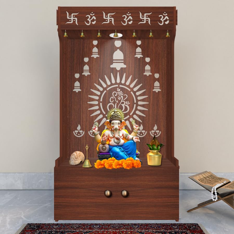 Divine Wooden Home Temple with Spacious Shelf & Inbuilt Focus Light, Temple for Home/Office Brown