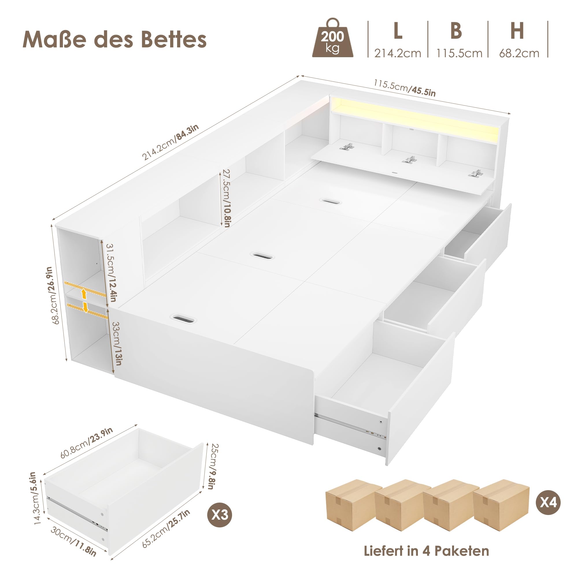 FOREHILL Kinderbett 90x200 cm Jugendbett mit LED-Beleuchtung, Einzelbett mit 3 Schubladen und Bücherregal, Tagesbett Stauraumbett Holzbett Schrankbett (Ohne Matratze) Weiß