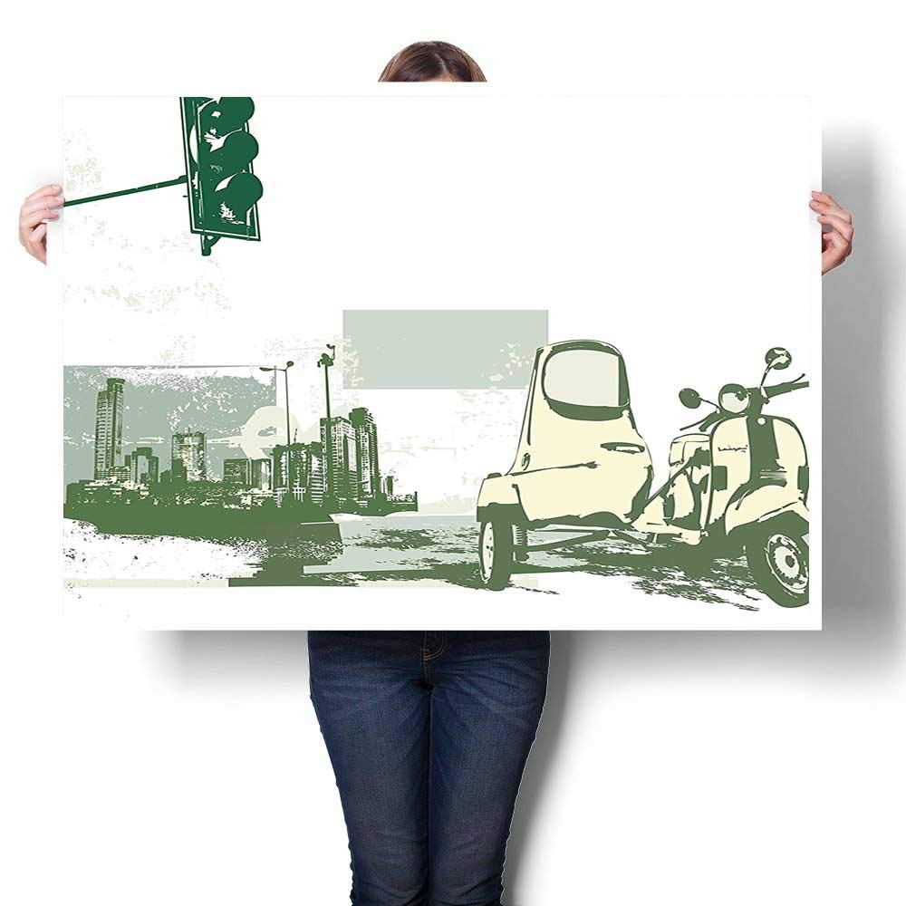 SCOCICI1588 Canvas Painting Sticker,Vector Illustration of Vintage Scooter on The Grunge Background Pattern Avocado Green Oils,Print On Canvas for Wall Decor,56" W x 32" L(Frameless)