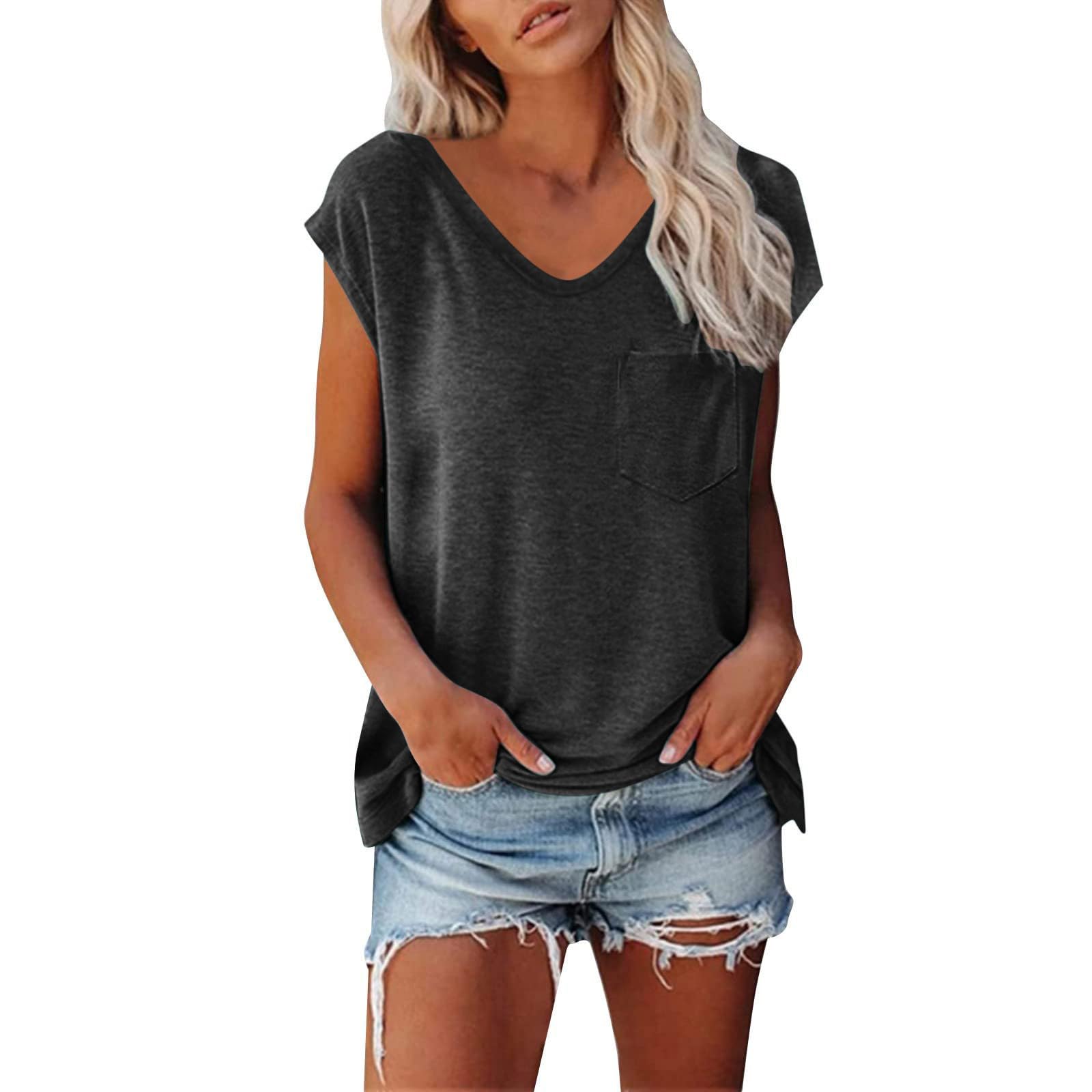 Cap Sleeve V Neck T Shirts for Women Solid Color Summer Tops Dressy Casual Beach Vacation Tank Tops
