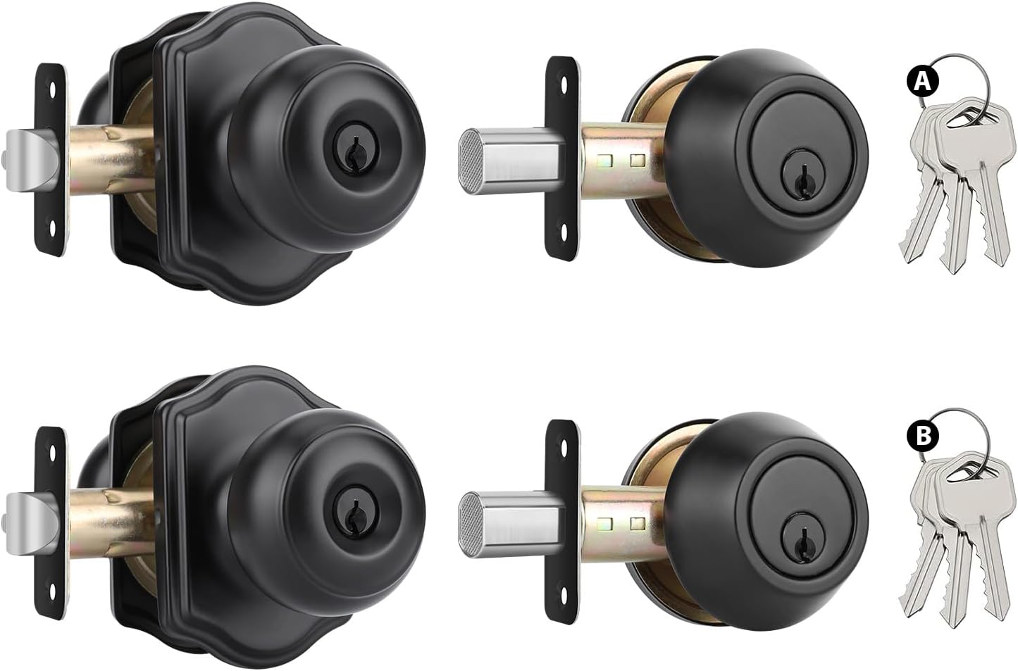 Goldenwarm Matte Black Exterior Door Knob and Single Cylinder Deadbolt, Keyed-Different Entry Locksets with Lock and Key 2 Pack Set