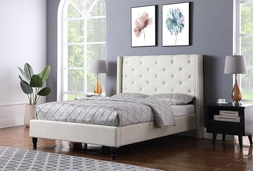 Miniatura 36 de Base de cama de plataforma tapizada completa con cabecero de 51 pulgadas de alto, cama de tela copetuda con botones, soporte de listones de madera