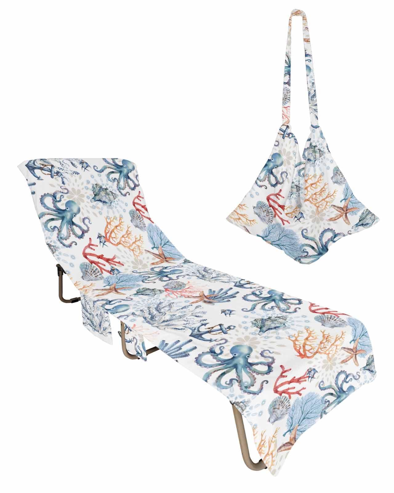 Coastal Octopus Beach Chair Cover with Side Pockets, Microfiber & Quick Dry Pool Chaise Lounge Chair Towels Covers for Sun Sunbathing Patio Garden Hotel, Starfish Shell Coral Nautical Anchor Summer