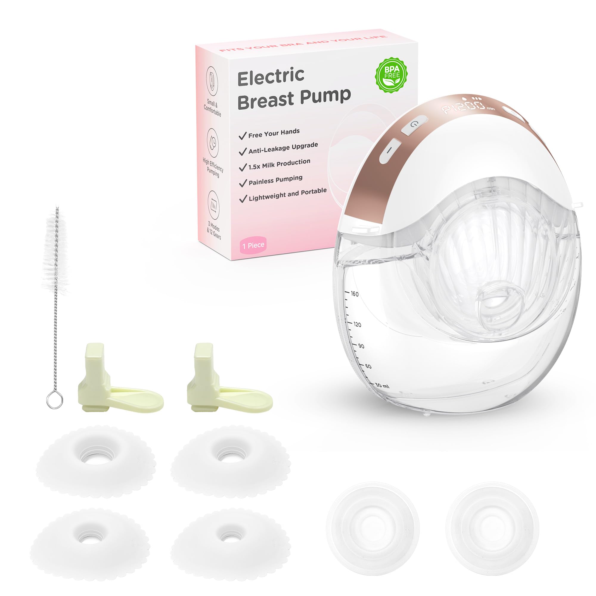 Haokoo Tiralatte Elettrico Indossabile - Tiralatte Portatile a Mani Libere, Silenzioso e Discreto, 3 Modalità 12 Livelli, Anti Perdite, 17/19/21/24mm Flangia, 1 Pezzo