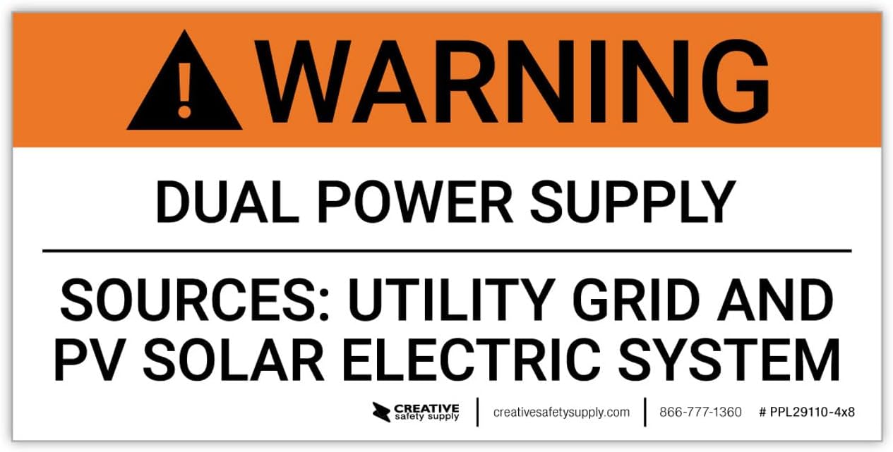 Warning: Dual Power Supply - Arc Flash Label - 3" x 6" (Pack of 5)