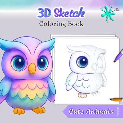 3D sketch coloring book, Cute Animals version: Draw and color easily with 50 grayscale pages, applying techniques such as line art and shading. Art material suitable for beginners, teens and adults.