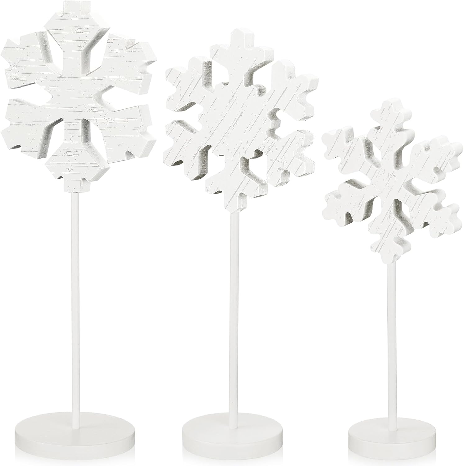 Huwena 3 Pcs Winter Standing Wooden Snowflakes Block Christmas Snowflake Tabletop Decor Rustic Wooden Xmas Ornaments Decor for Home Winter(Snowflake,Retro White)