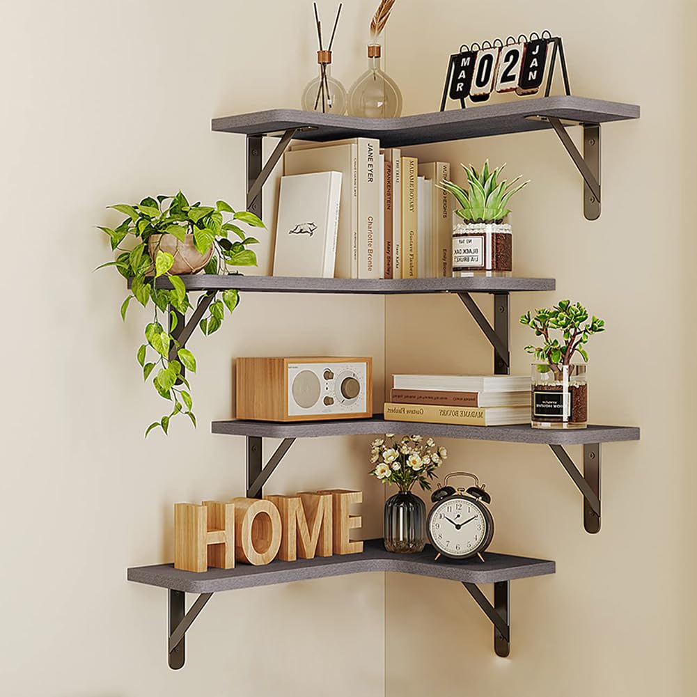 BAKAJI Set of 4 Corner Wooden Shelves, Wall Mounted Corner Shelving, Metal Rods, Shelving for Bedroom, Living Room, Kitchen, Bathroom, Space-Saving Bookcase (Grey)