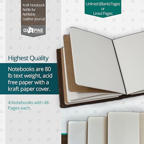 Miniatura 6 de Ox & Pine Kraft Notebook Refills for Refillable Leather Journal (4 Pack) 4"x6", 5"x7", or 6"x8" (5x7, Unlined Paper)