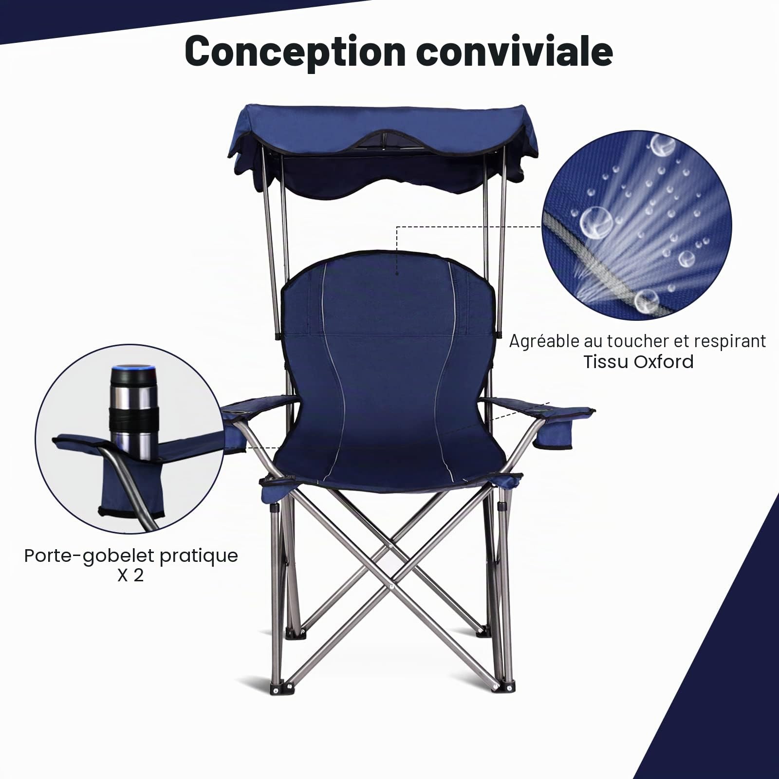 KOMFOTTEU Chaise Camping Pliable avec Sac, Baldaquin & Porte-gobelet