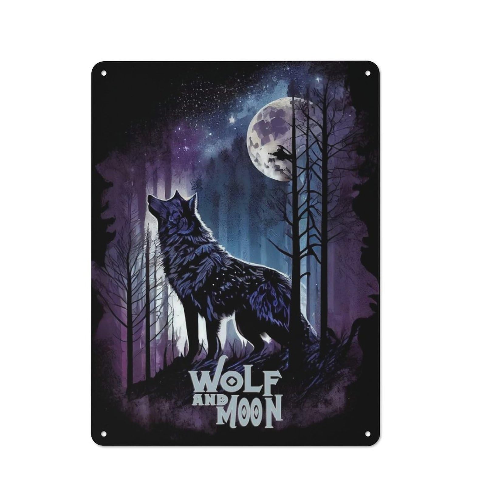 Wolf And Moon Metal Wall Sign 40x30cm, Rustic Classic Pub Decor for Cafe, Pub, Workshop Or Home Bar