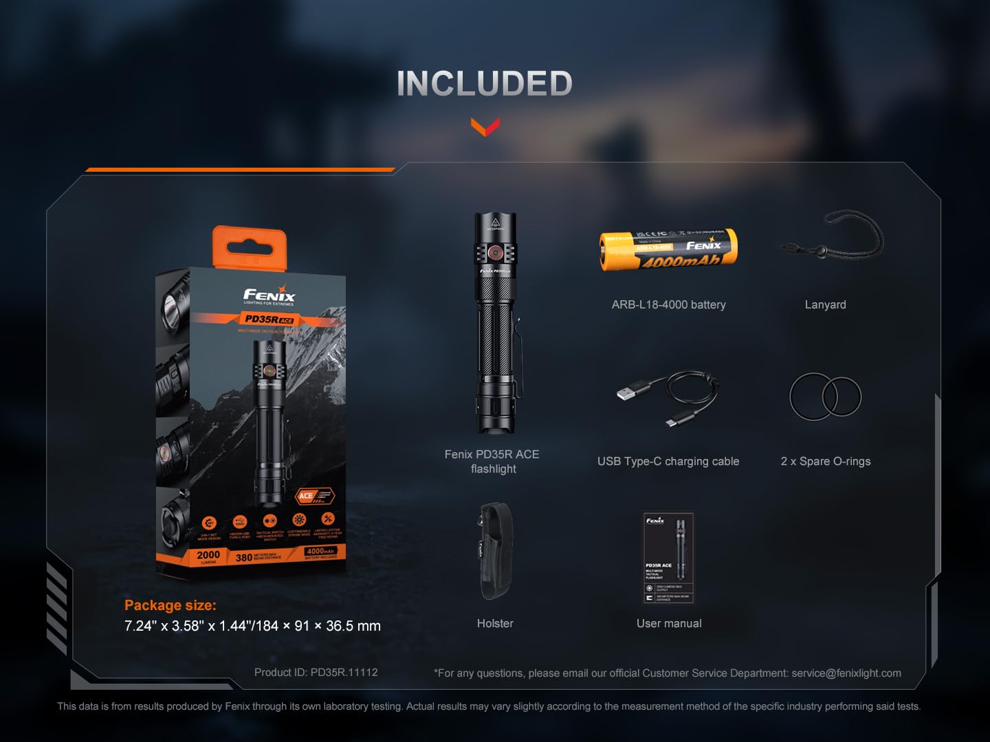 Fenix PD35R ACE - Torcia LED estremamente luminosa, ricaricabile, 2000 lumen, USB-C, 380 m, IP68, impermeabile, piccola lampada tattica, 720 ore massimo, EDC, portatile, per esterni, campeggio