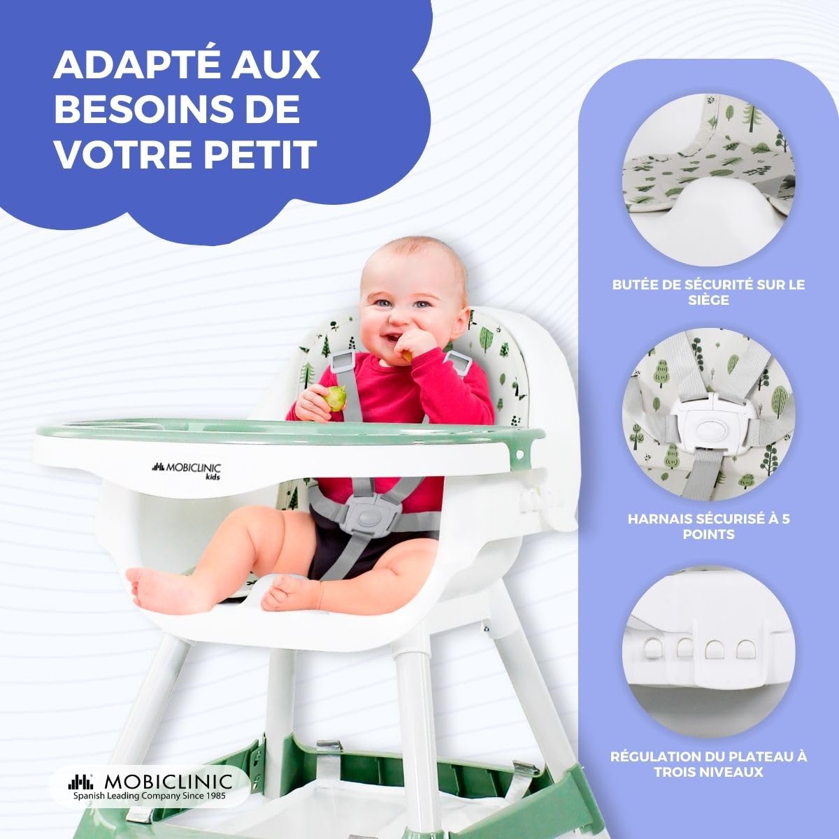 Mobiclinic® kids, Chaise haute évolutive, 2 en 1, Hauteur réglable, Double plateau, 6-36 mois, Forest, Harnais de sécurité 5 points, Roues amovibles, Jusqu'à 35 kg, Panier rangement, 360º