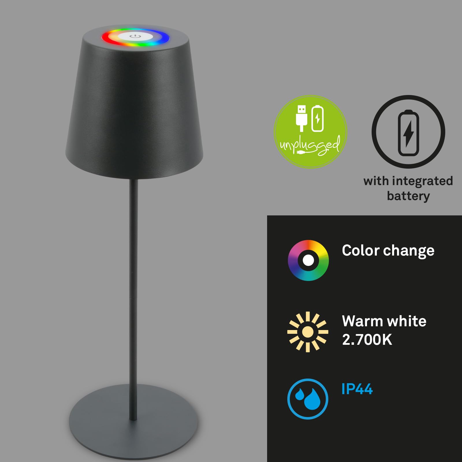 Briloner - Lampada da tavolo LED senza fili con touch, luce RGB+W colorata, regolabile in altezza, lampada da comodino, lampada da lettura, lampada da tavolo, da esterno, 36x10,5 cm, colore antracite