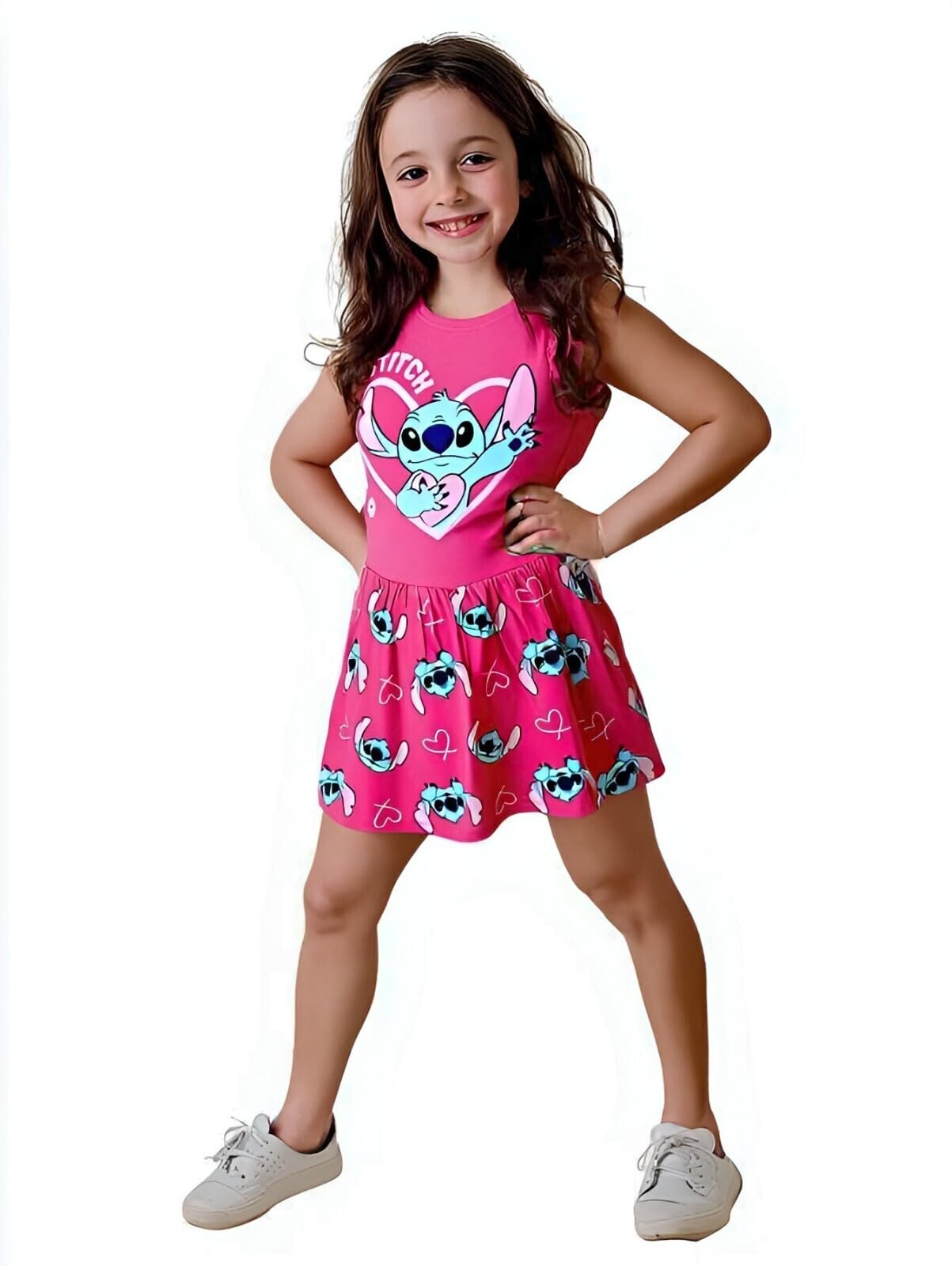 Disney Lilo & Stitch - Vestido de verano para niña con mangas con volantes y estampado integral, tallas 92-128, algodón, gris o rosa