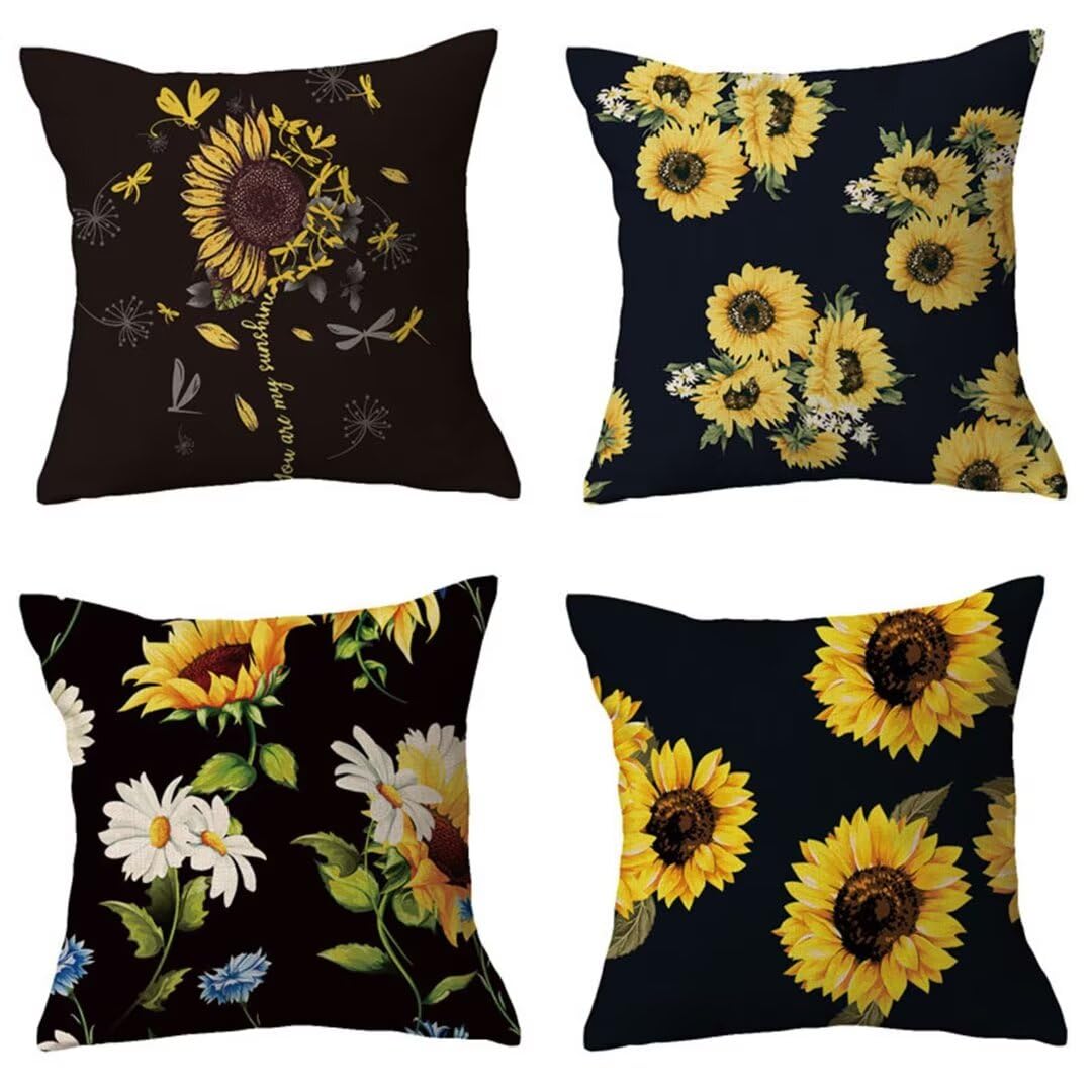 Housses de coussins en lin lot de 4 tournesol 50x50 cm sur fond noir