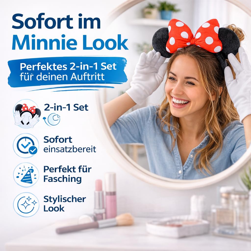 Costumed 2-częściowy zestaw z uszami myszki Minnie – kostium z rękawiczkami i uszami myszy dla kobiet na karnawał