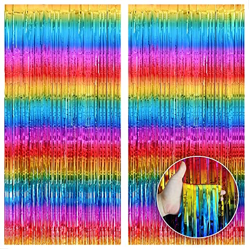 Katchon, Rainbow Metallic Fringe Curtain - Xtralarge, 6.4X8 Feet, Pack Of 2 | Rainbow Metallic Streamers | Rainbow Tinsel Curtain, Rainbow Decorations | Pride Streamers, Pride Birthday Decorations #TOP6