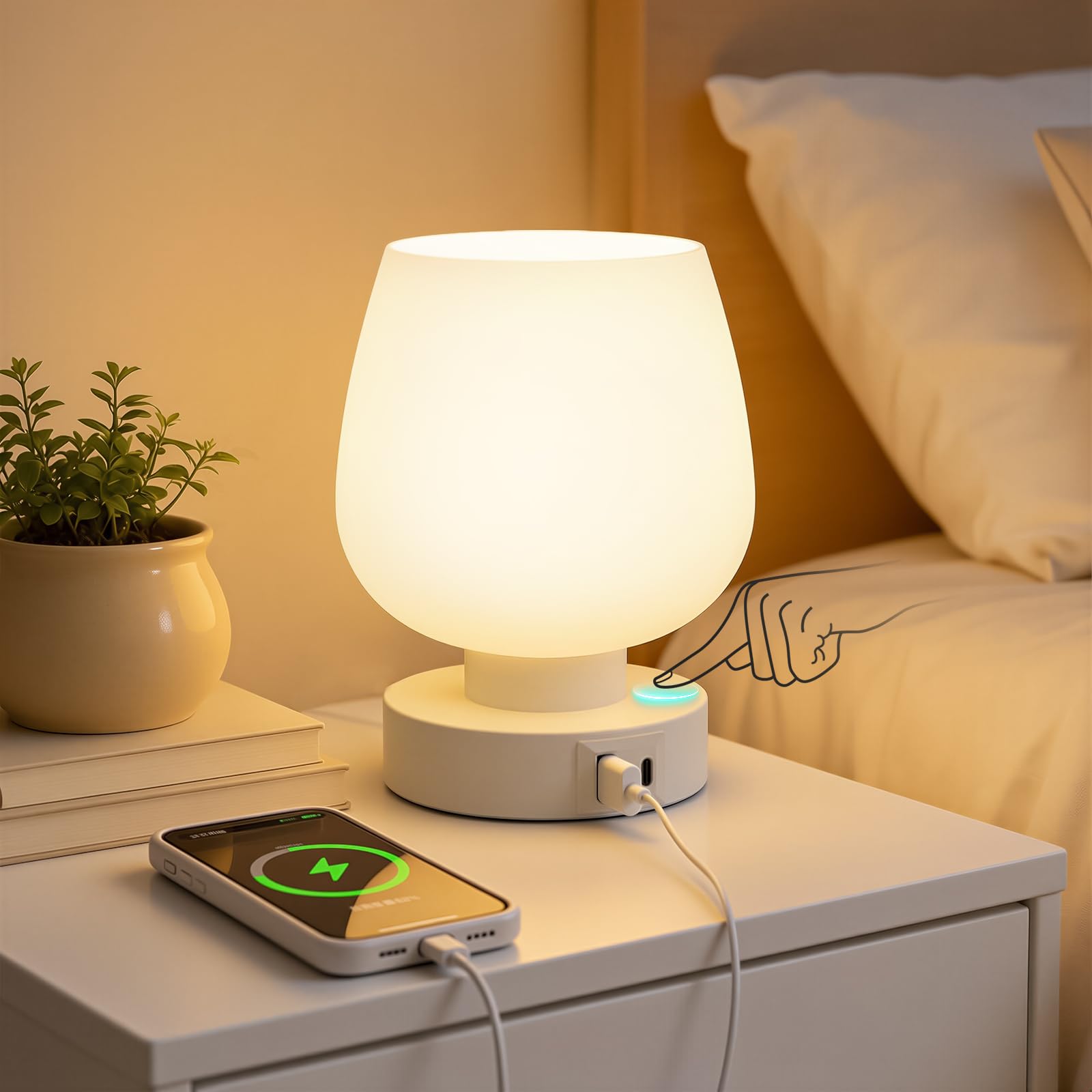 Lampada da comodino touch dimmerabile, lampada da tavolo bianca con connettori USB A+C, lampadina a LED, dimmerabile, piccola lampada in vetro con cavo per comodino, camera da letto