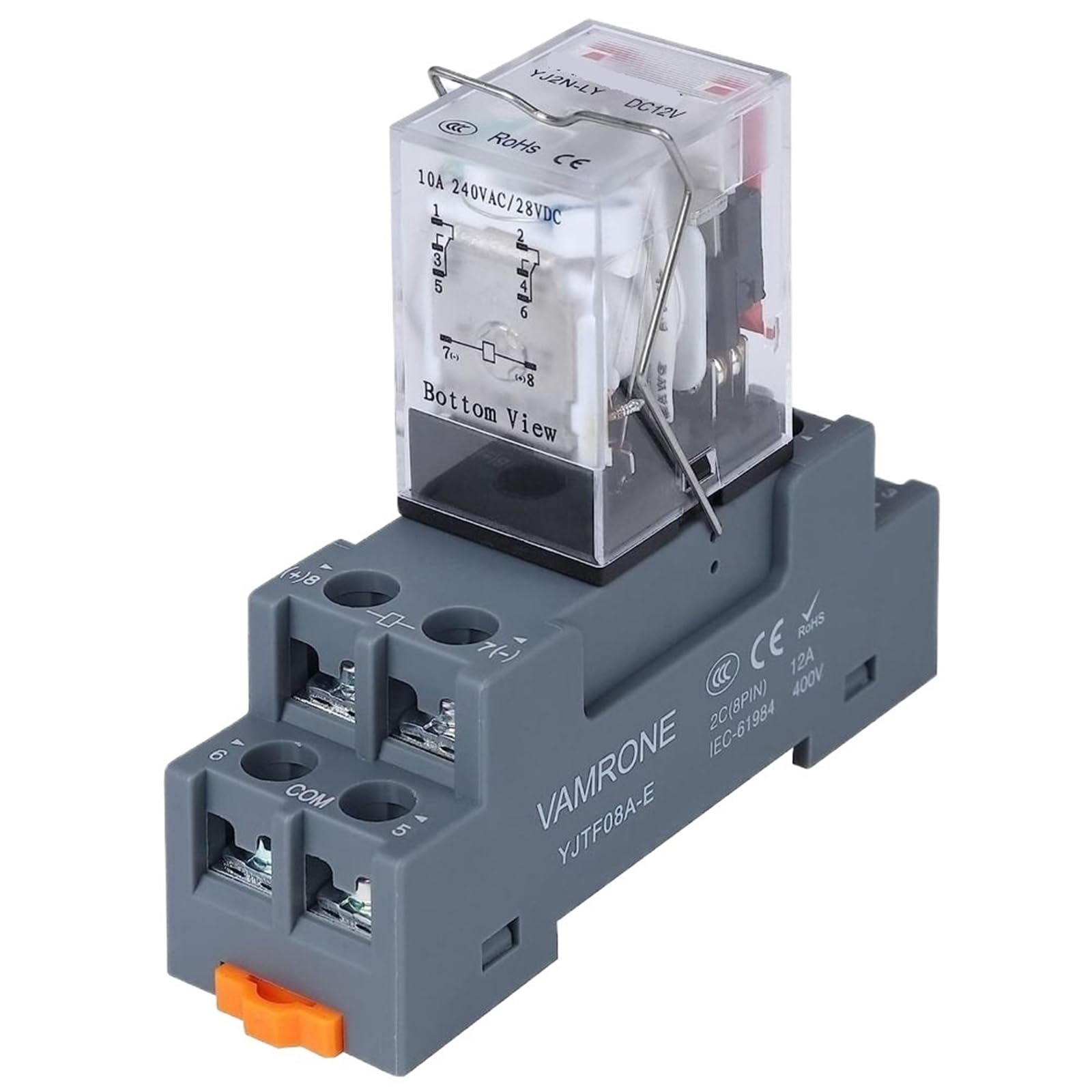 Relé de potencia electromagnético de 8 pines y 10 amperios, ampliamente utilizado con bobina de relé de base de zócalo, indicador LED de 12 V, de riel DIN