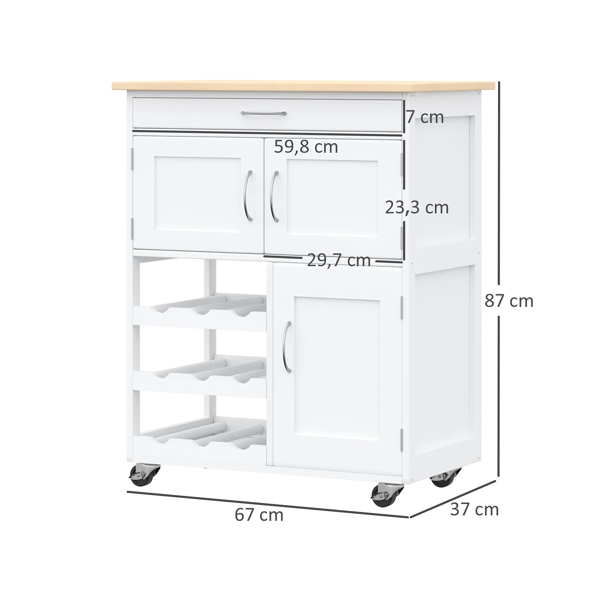 HOMCOM Desserte de Cuisine Multi rangements 2 placards tiroir casier 9 Bouteilles MDF Blanc Plateau Bois Caoutchouc