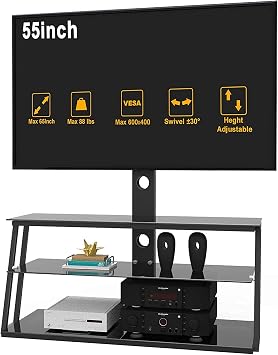 IANIYA TV Stand with Mount Height Adjustable Bracket Entertainment Stand for 32 to 65 inch Plasma LCD LED or Curved Screen TV 3-Tier Tempered Glass Universal Media Stand Floor tv Stand