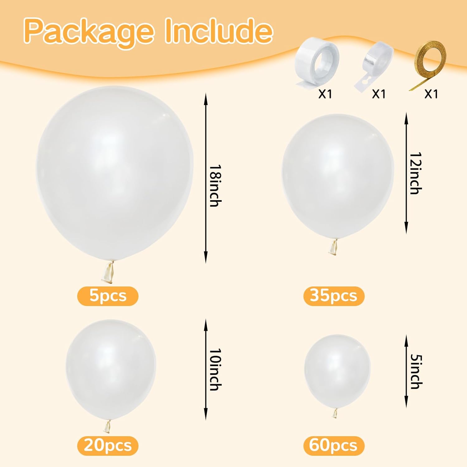 KAWKALSH Pearl White Balloons Different Sizes for Garland Arch, 134pcs Premium Party Latex Balloons for Birthday Party Graduation Wedding Anniversary Baby Shower Party Decoration
