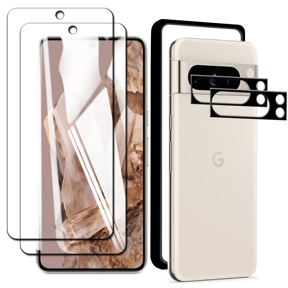 Google Pixel 8 pro ガラスフイルム + グーグルピクセル8 proカメラフィルム【指紋認証対応】ピクセル8 pro 液晶保護フィルム さらさら グーグルピクセル8 プロ 強化ガラス 液晶 硬度9H 気泡防止 自動吸着 撥水撥油 pixel8 pro 用の 保護フィルム 指紋防止 飛散防止 【2+2枚セット-ガイド枠付き】