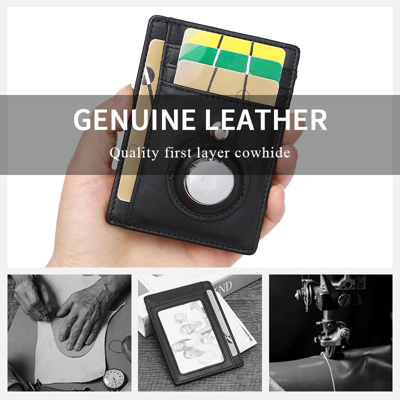 Slim Minimalist Wallet for Men with Airtag Holder Genuine Leather RFID Blocking Compact Front Pocket Card Holder, Black4