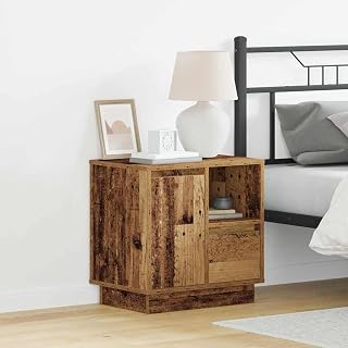 Sängbord, gammalt trä av trämaterial 50 x 34,5 x 50 cm med USB-LED-ljus, låda, fack, dörr och hylla för sovrum, nattduksbord, sidobord, modernt